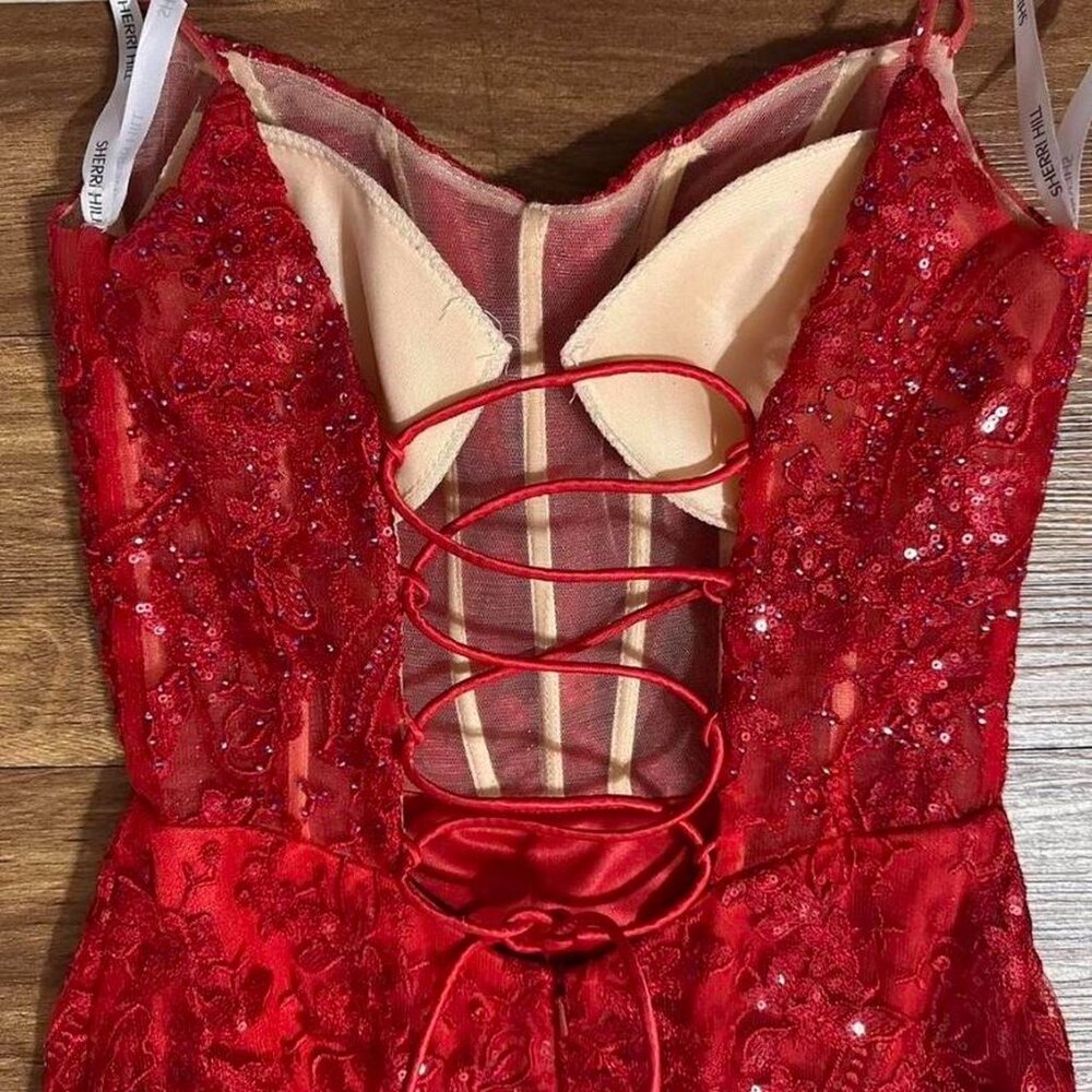 Red Sherri Hill Lace Prom Dress - Picture 5 of 8